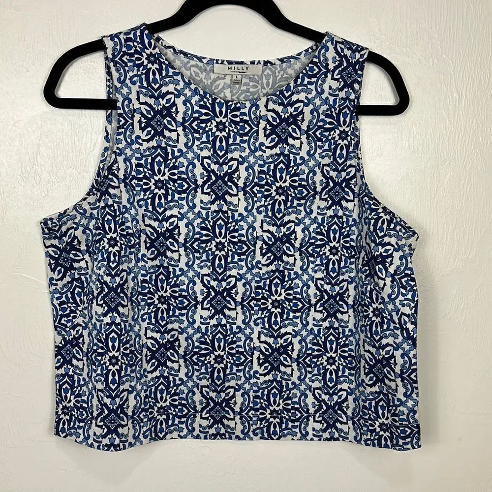 Milly For Design Nation White And Blue Cotton Blend Tank Top Size L